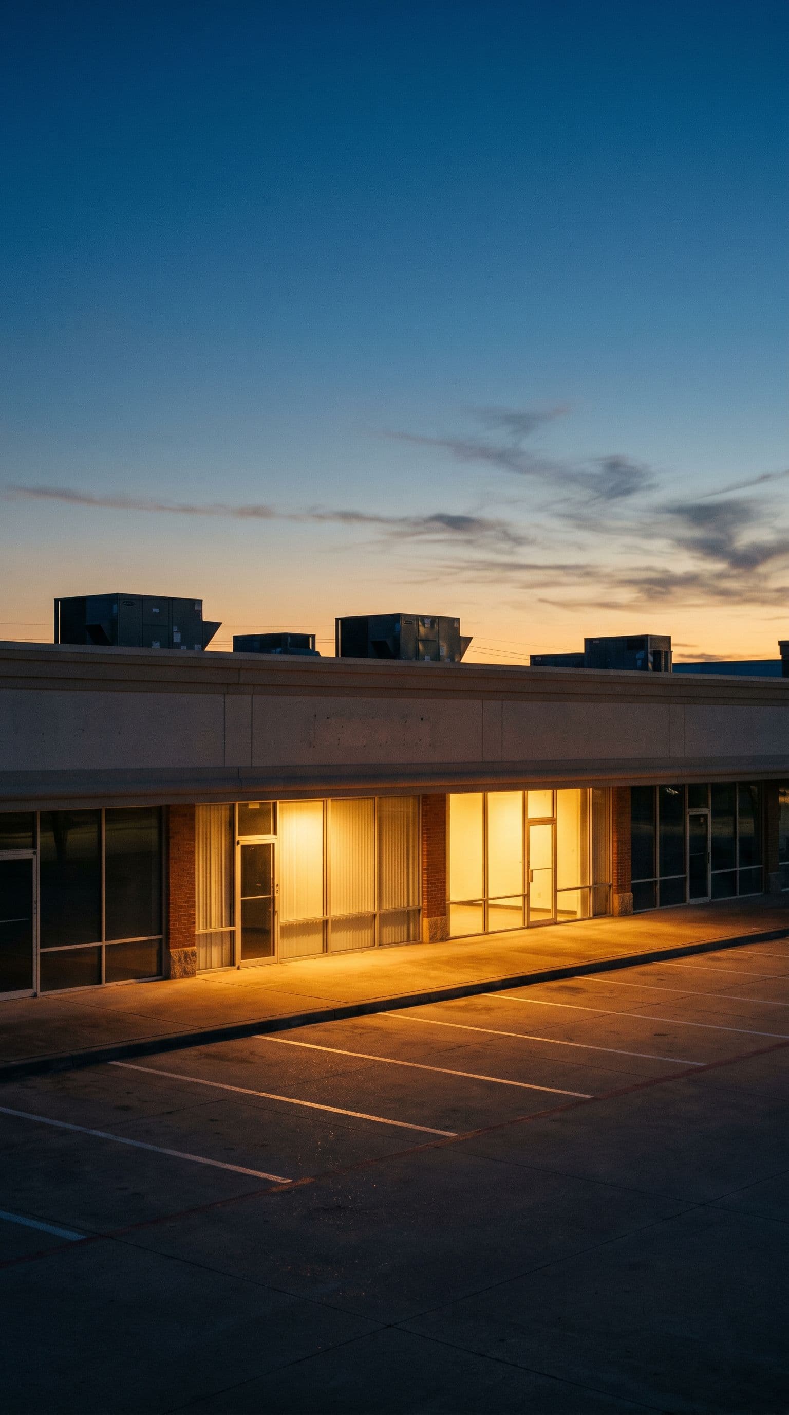 Addison, TX commercial property at dusk, vertical composition.