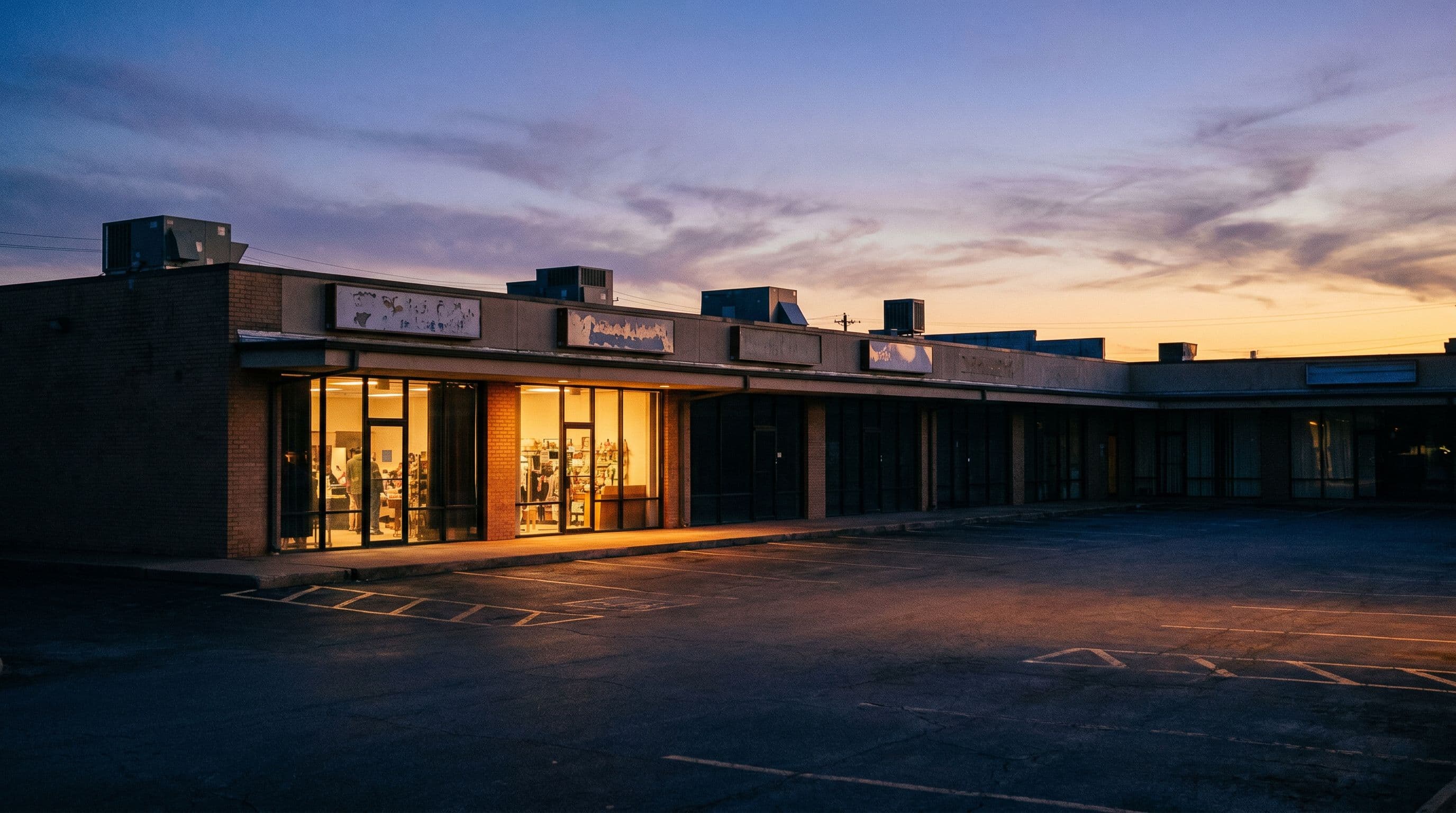 Addison, TX commercial property at dusk.