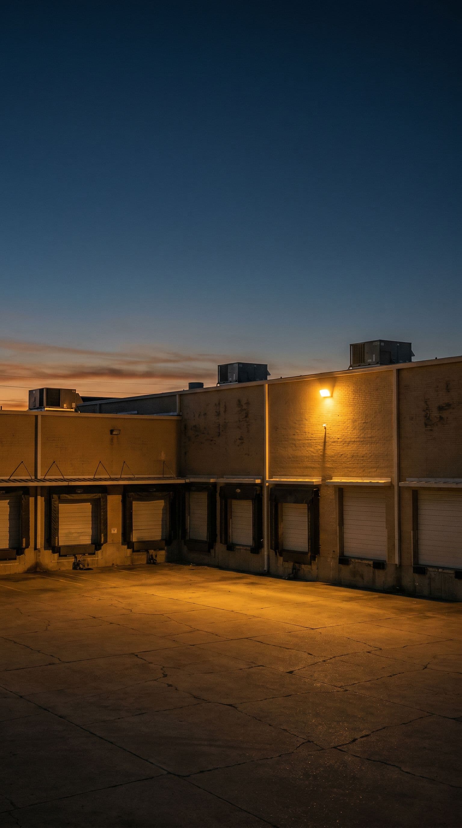 Farmers Branch, TX commercial property at dusk, vertical composition.