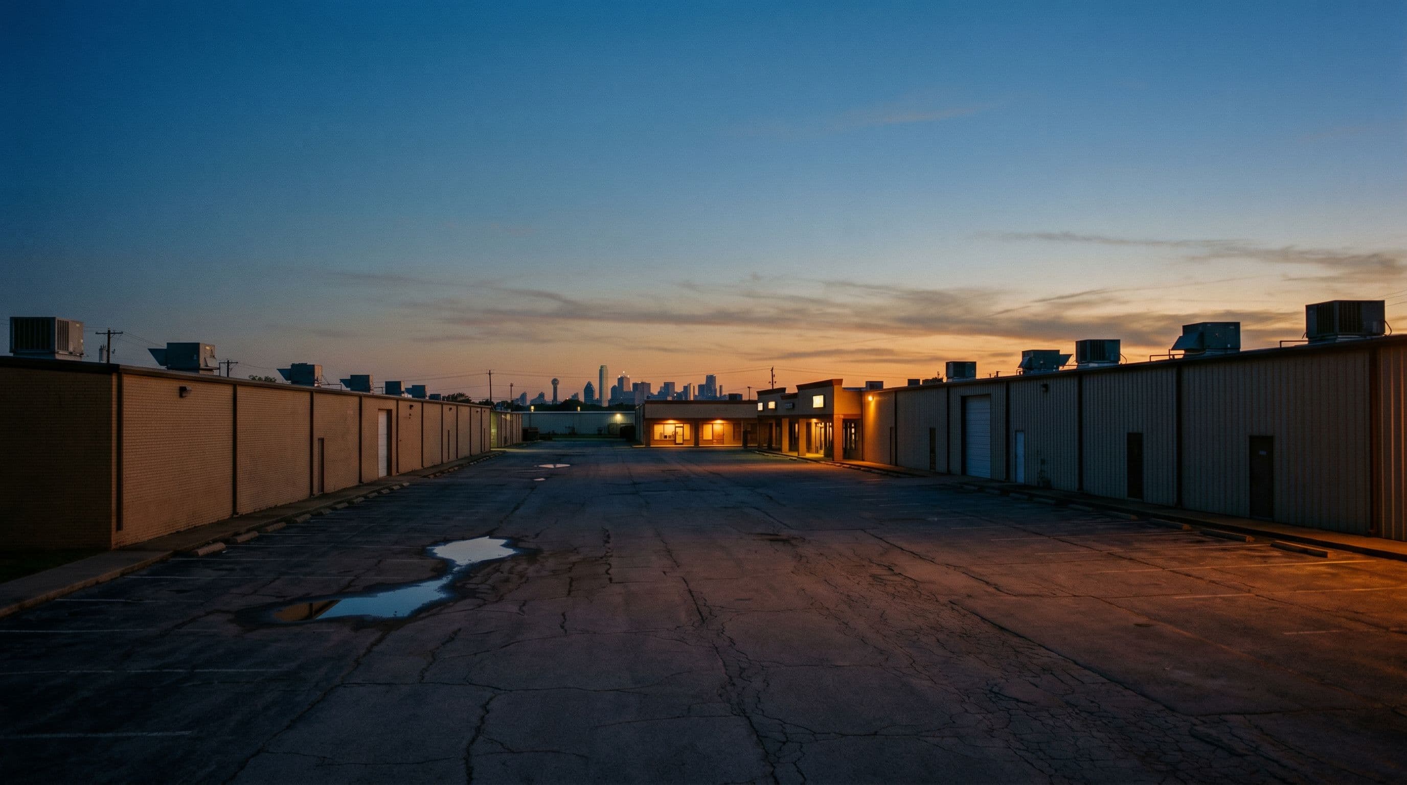 DFW commercial corridor at blue hour, flanking warehouse buildings receding toward the distant Dallas skyline silhouette.