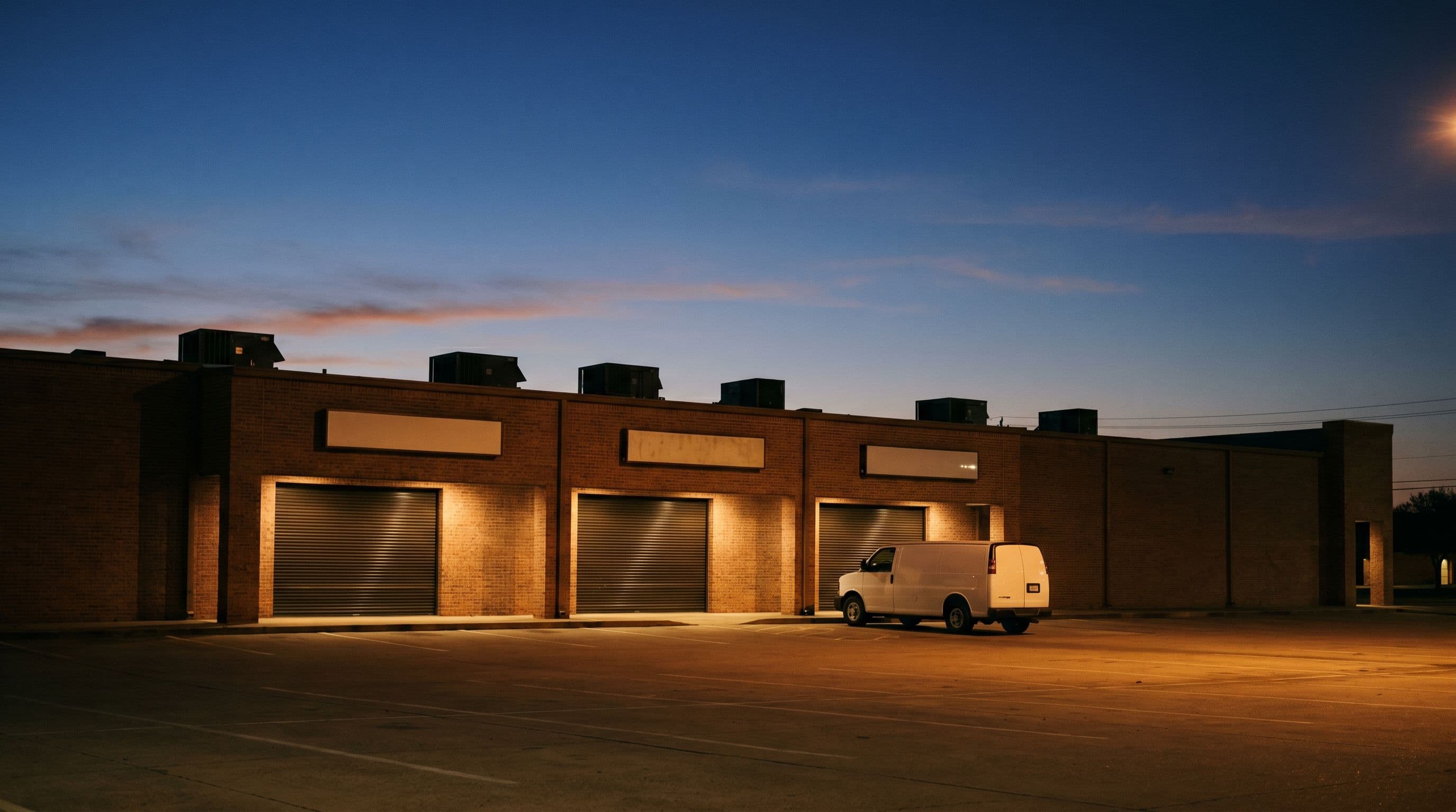 DFW multi-tenant commercial property at dusk with roll-up doors, rooftop HVAC units, and an unbranded service van parked at the curb.