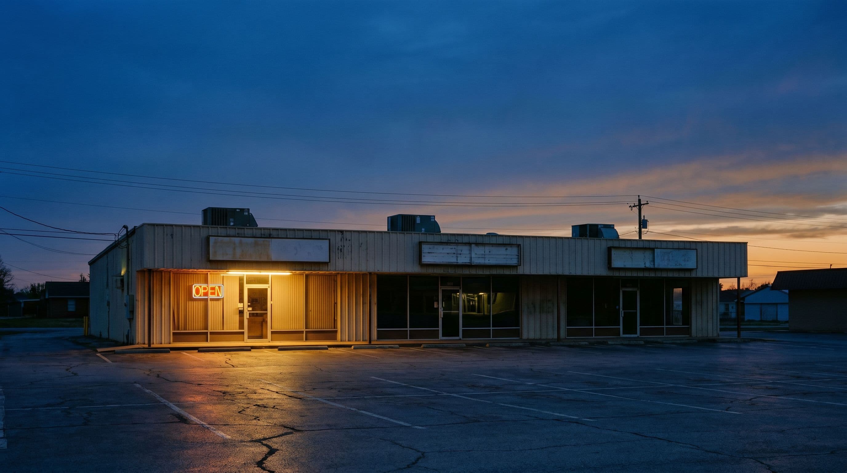 Texas commercial strip plaza at dusk with warm tenant lights still on.