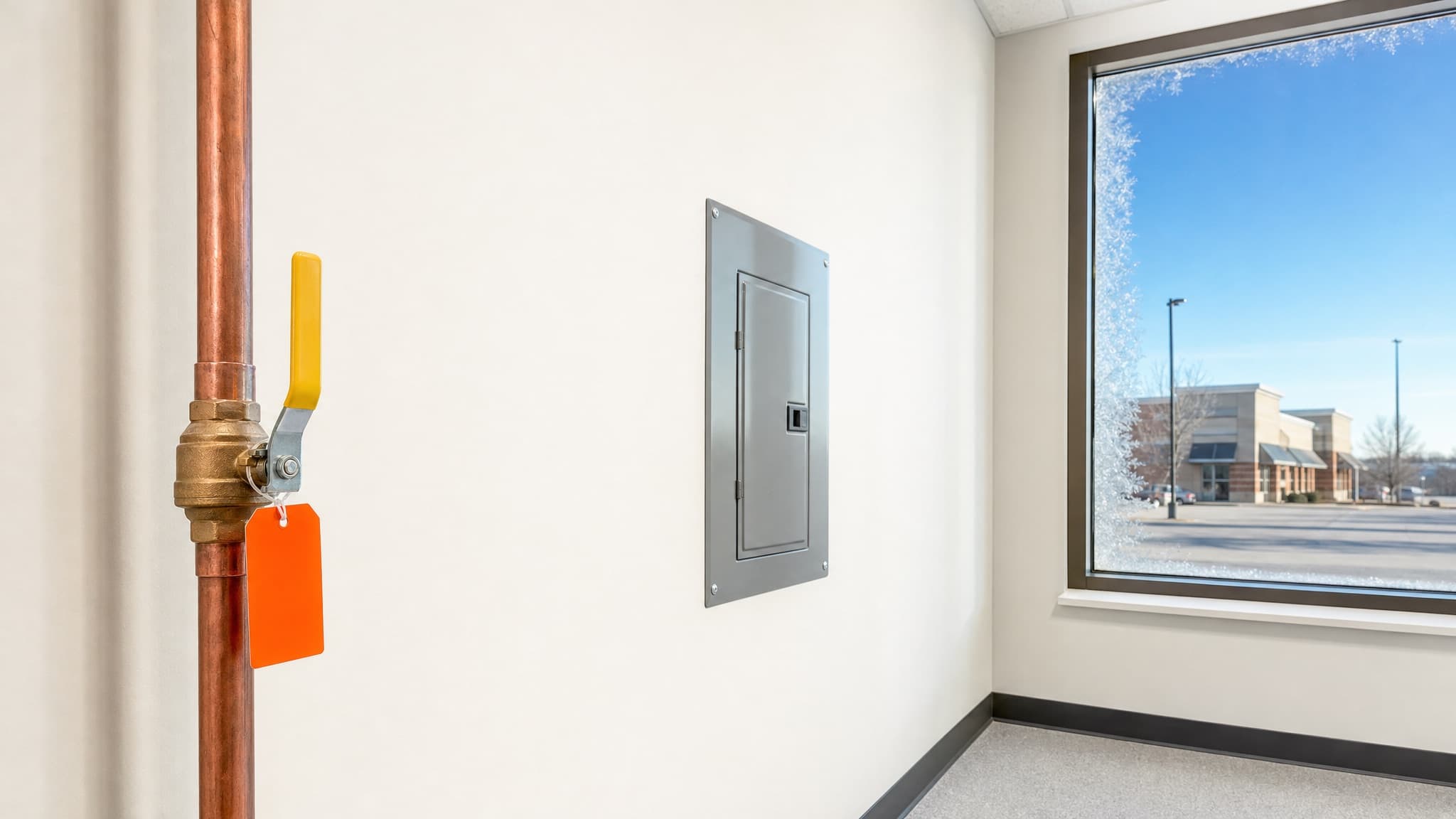 A copper water line with a yellow-lever shutoff valve and a blank orange tag, beside a gray breaker panel on a white wall, with a frosted window looking out on a sunny parking lot.