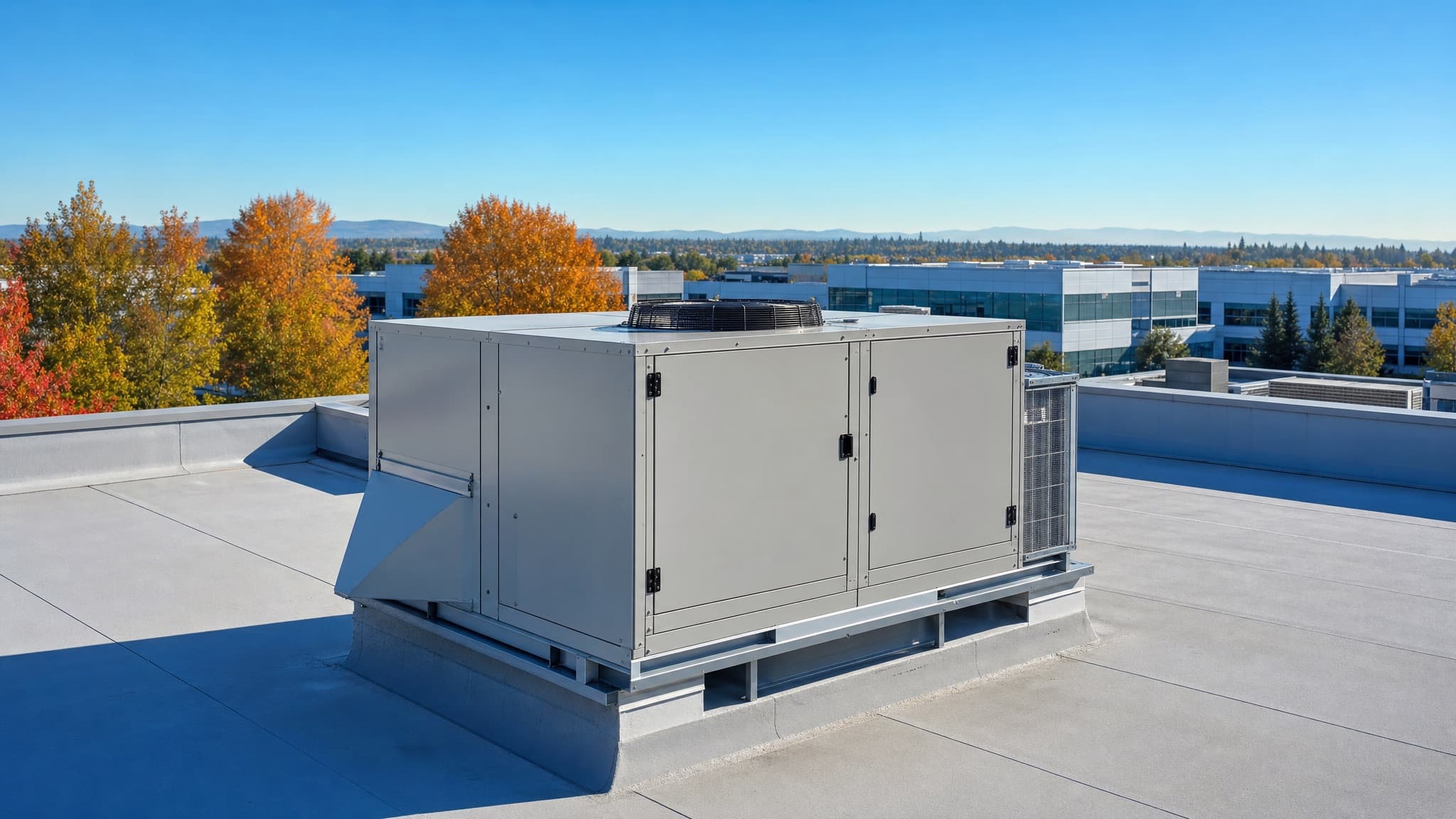 A light-gray rooftop package unit on a clean commercial roof on a sunny fall morning, with orange and gold trees and a low office park beyond the parapet.