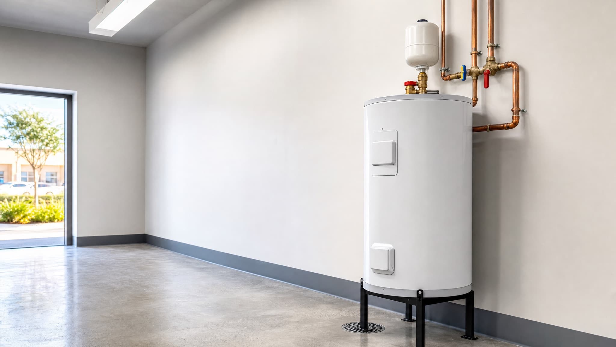 A white commercial tank water heater on a black stand with copper supply lines above it, in a bright, clean utility room with daylight coming through an open doorway.