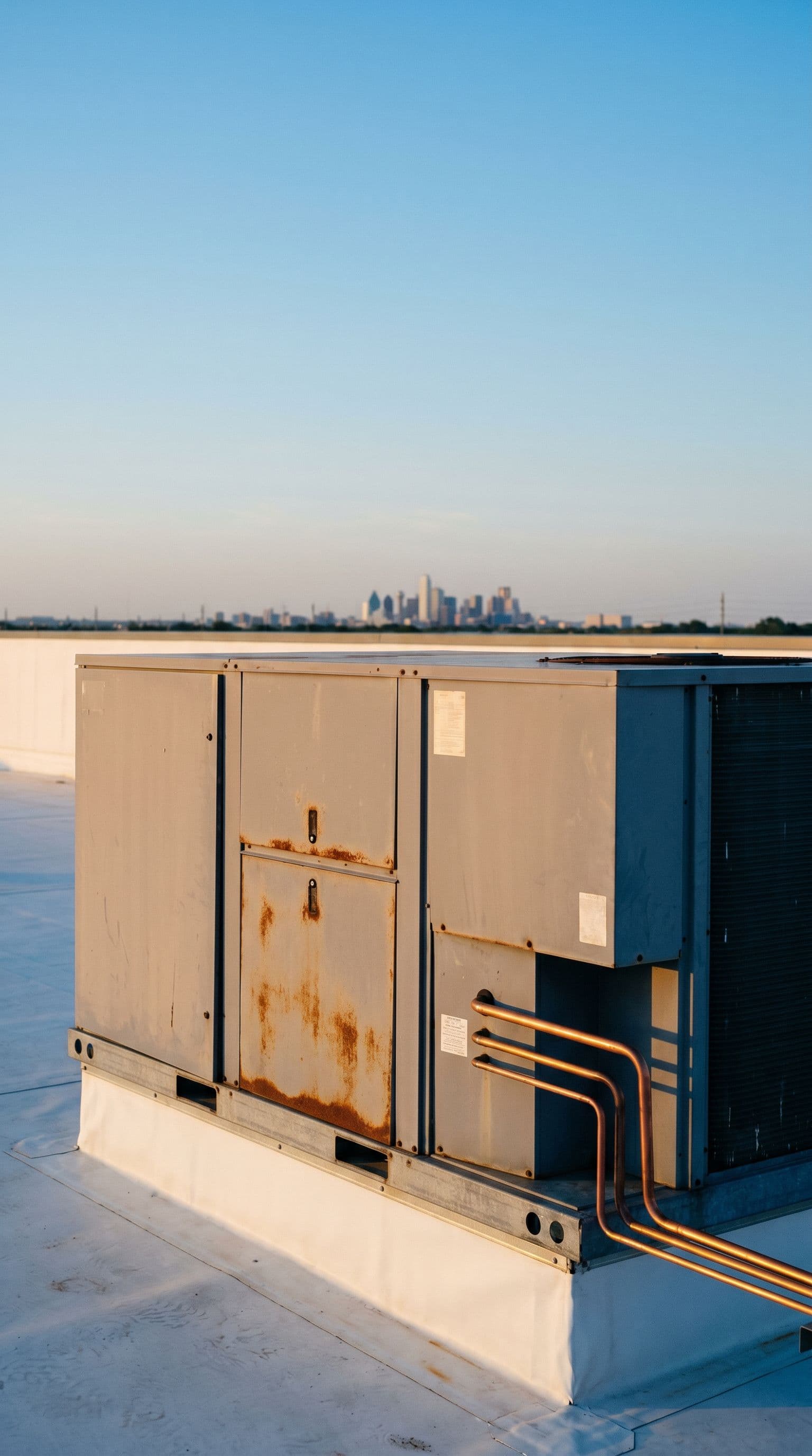 Commercial HVAC rooftop package unit on a DFW warehouse, vertical composition with the Dallas skyline silhouette on the horizon.