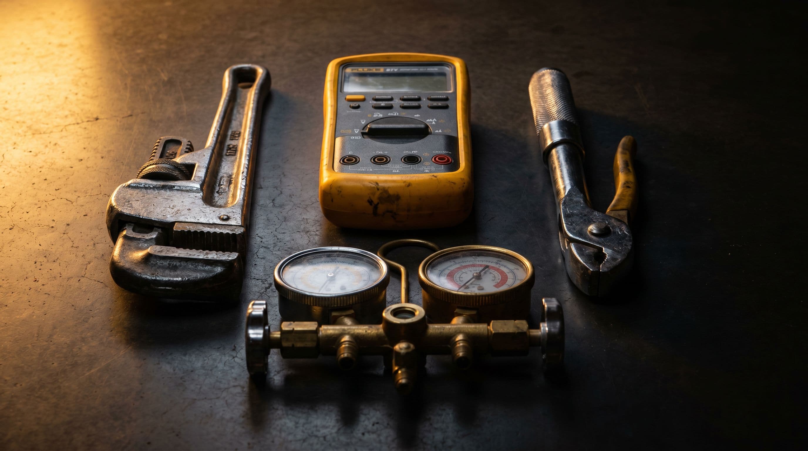 Pipe wrench, multimeter, and brass refrigerant gauge manifold arranged on dark polished concrete with warm side light.