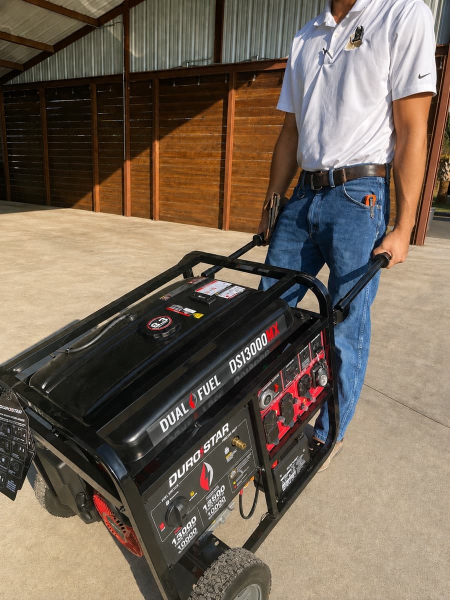 A DuroStar DS13000MX dual-fuel portable generator supplied by Big Dog Tenant Services.
